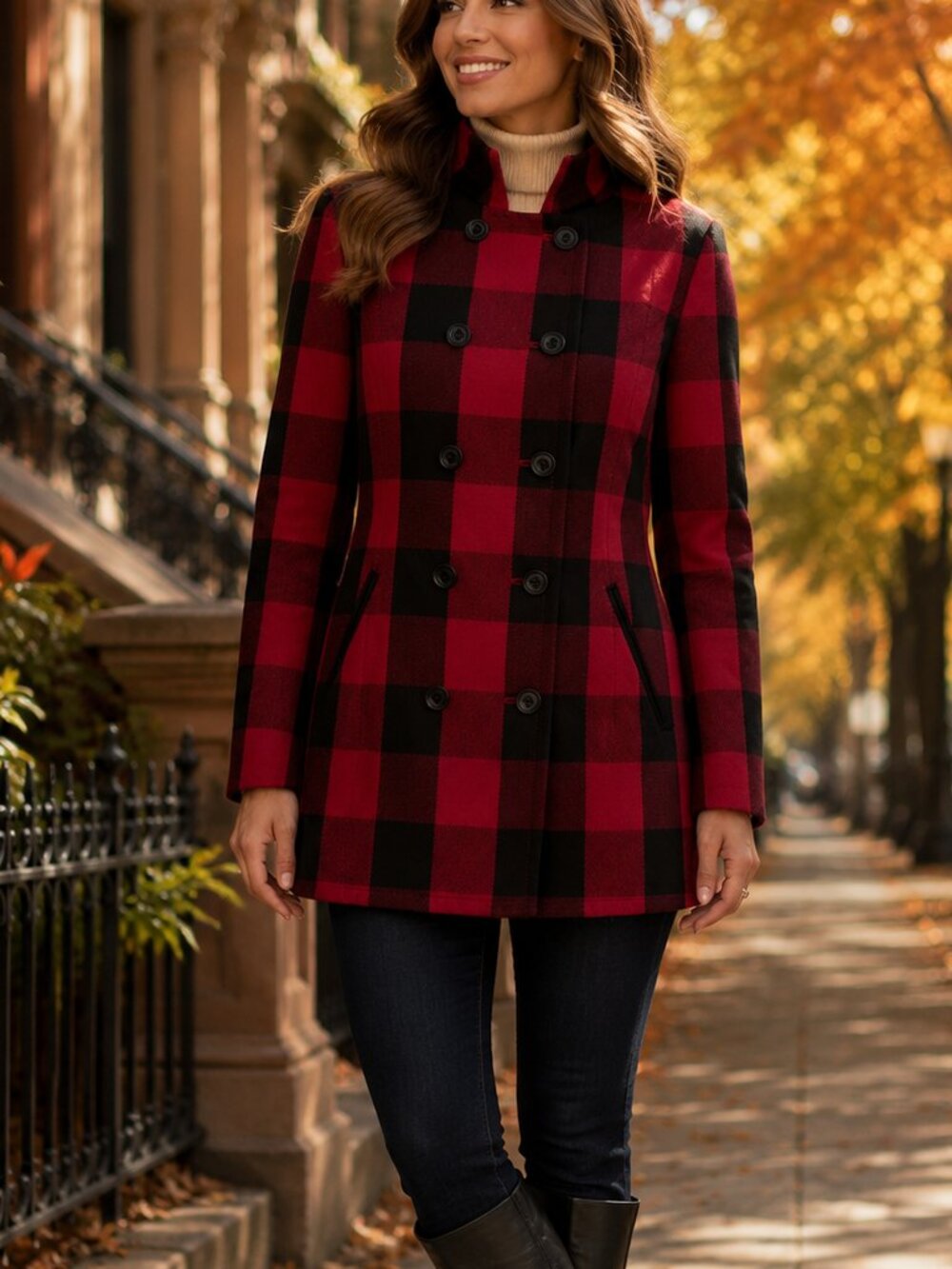 Anthropologie Buffalo Plaid Double Breasted Military Coat Red Black Large